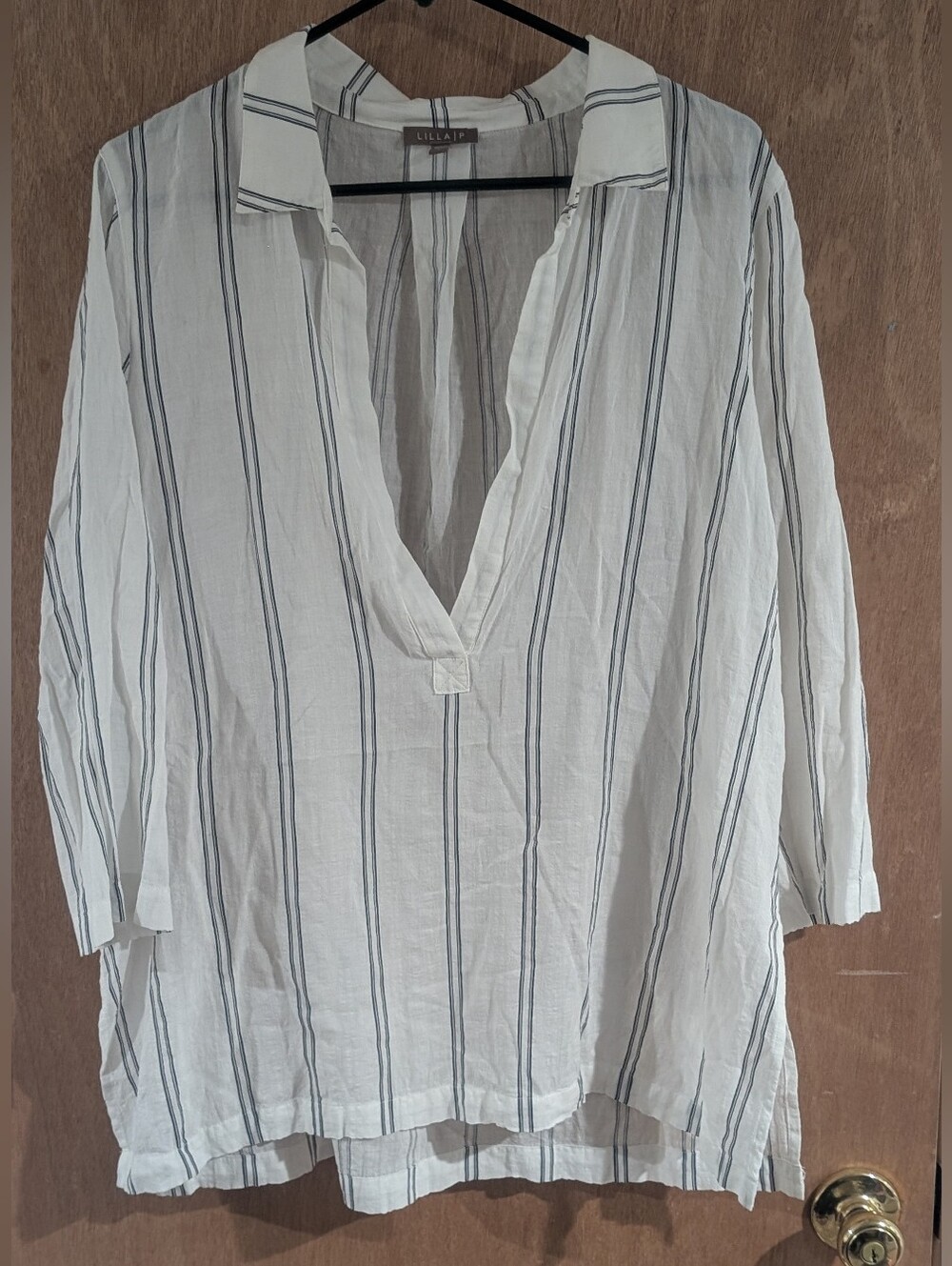 Lilla P White Tunic with Navy Vertical Stripes
